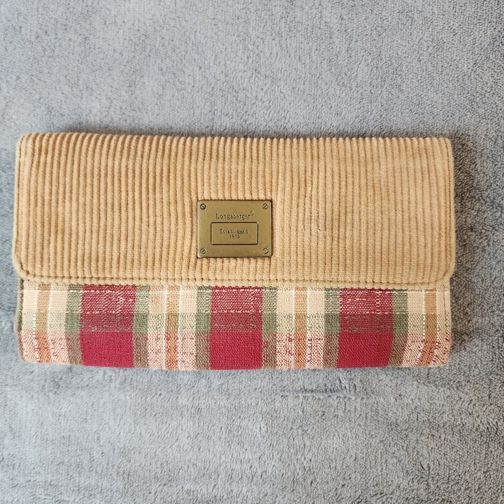 Longaberger Corduroy Flap Red Green Tan Plaid Print Wallet